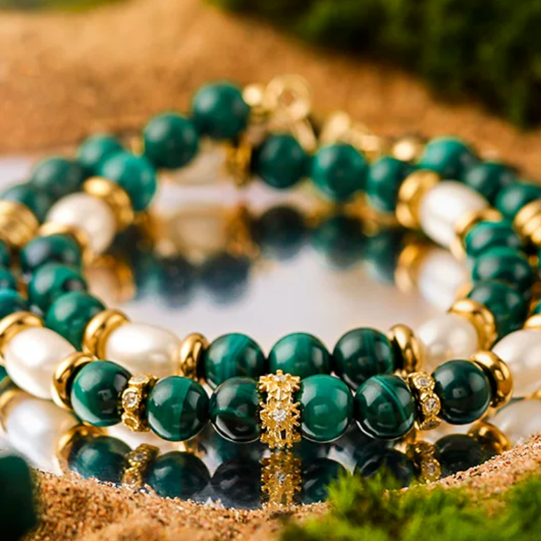 French Malachite & Freshwater Pearl Bracelet