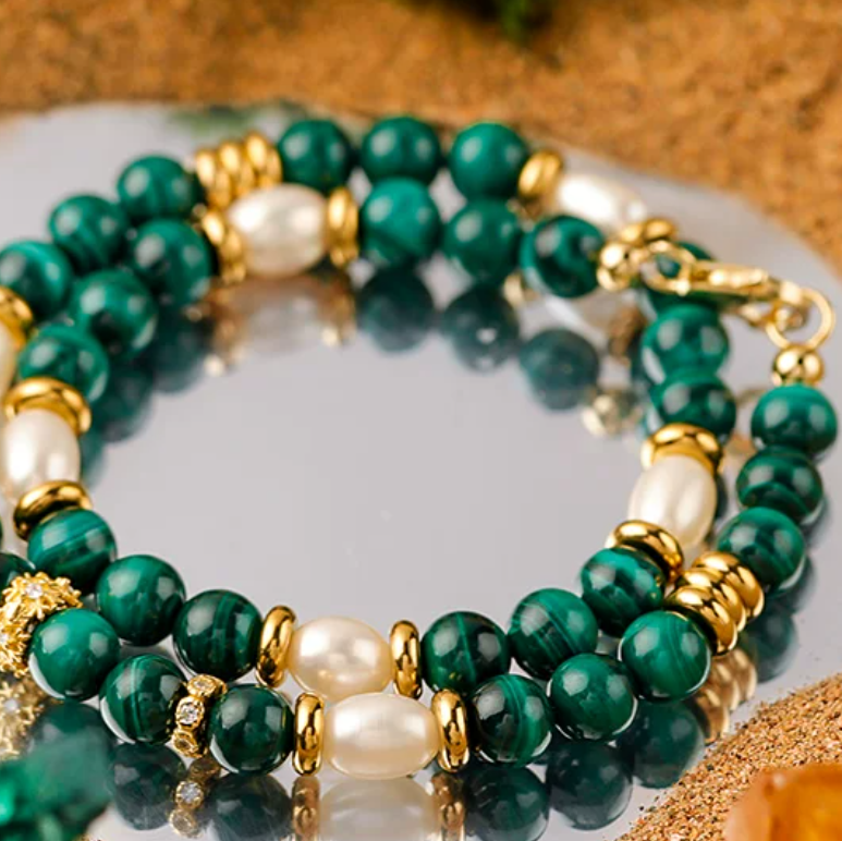 French Malachite & Freshwater Pearl Bracelet