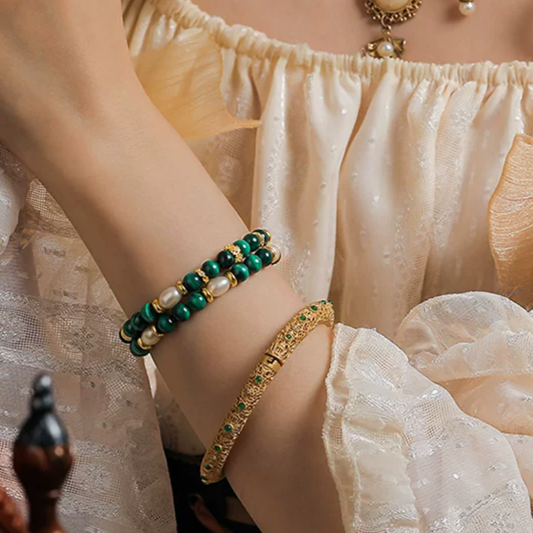 French Malachite & Freshwater Pearl Bracelet