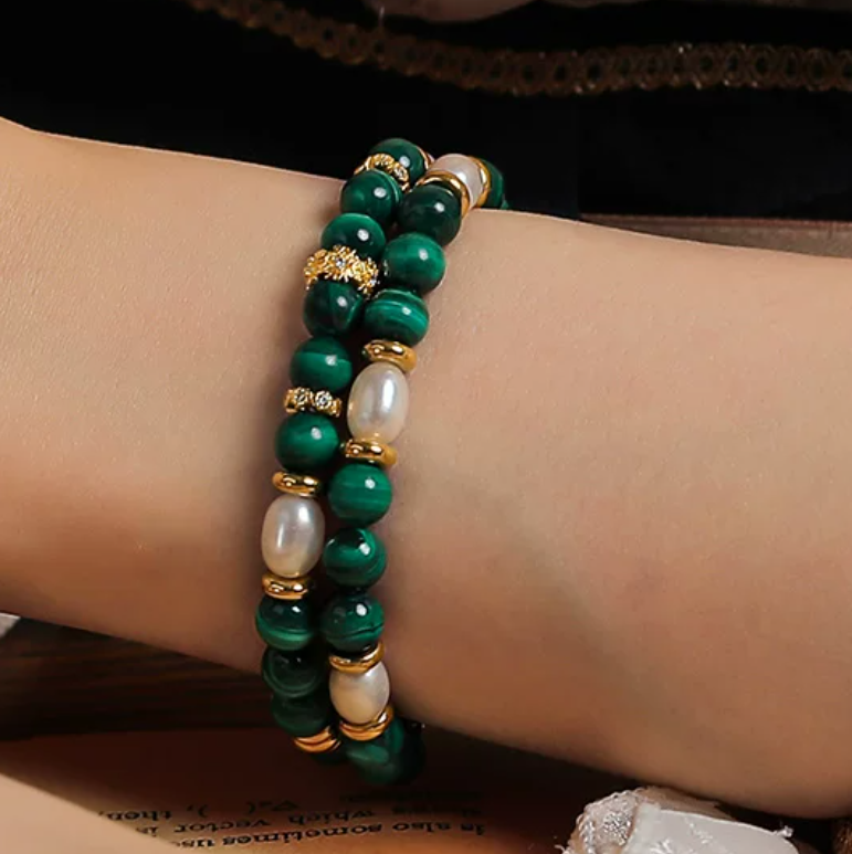 French Malachite & Freshwater Pearl Bracelet